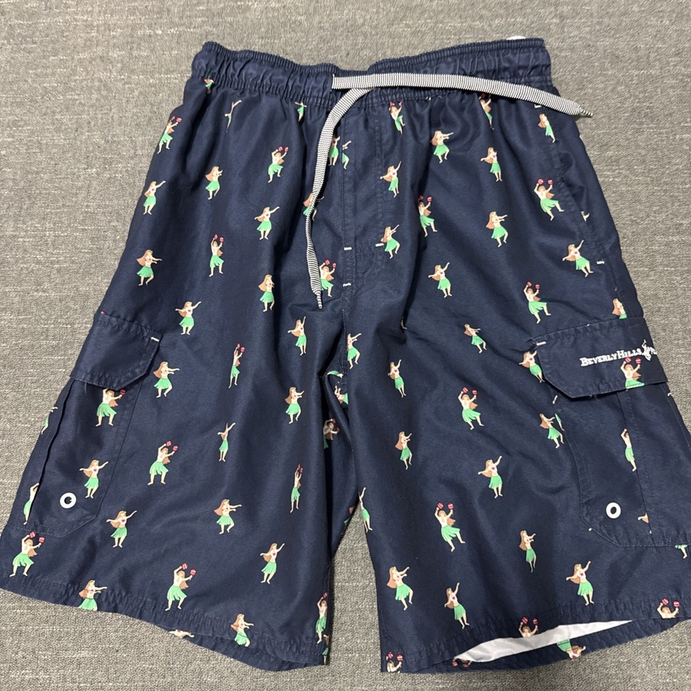 Beverly Hills Polo Club Blue Hula Print Brief Lined Swim Board Shorts Men's Sz M